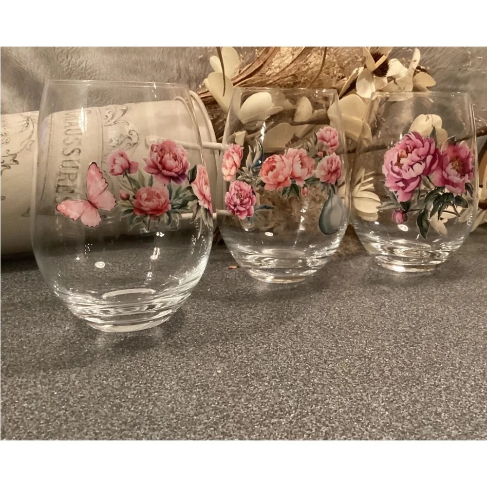 Wine Glasses Stemless Cottagecore Hand Decorated Set Of 4 Floral Peony & Roses